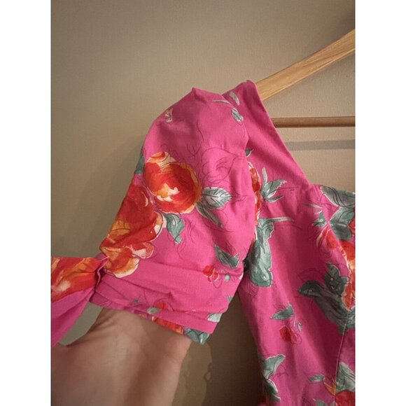 Laura Ashley Dress 1980s Pink Floral Orange Pink Cotton Pleated Bow Dress Sz 6 - Picture 6 of 16